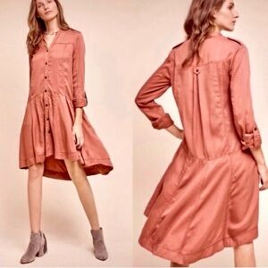 Anthropologie Holding Horses Pink High-Low Button-Down Dress with Pockets